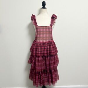 Kimchi Blue Sheer Mesh Pink Red Plaid Nina Tiered Knee Length Tie Shoulder Dress